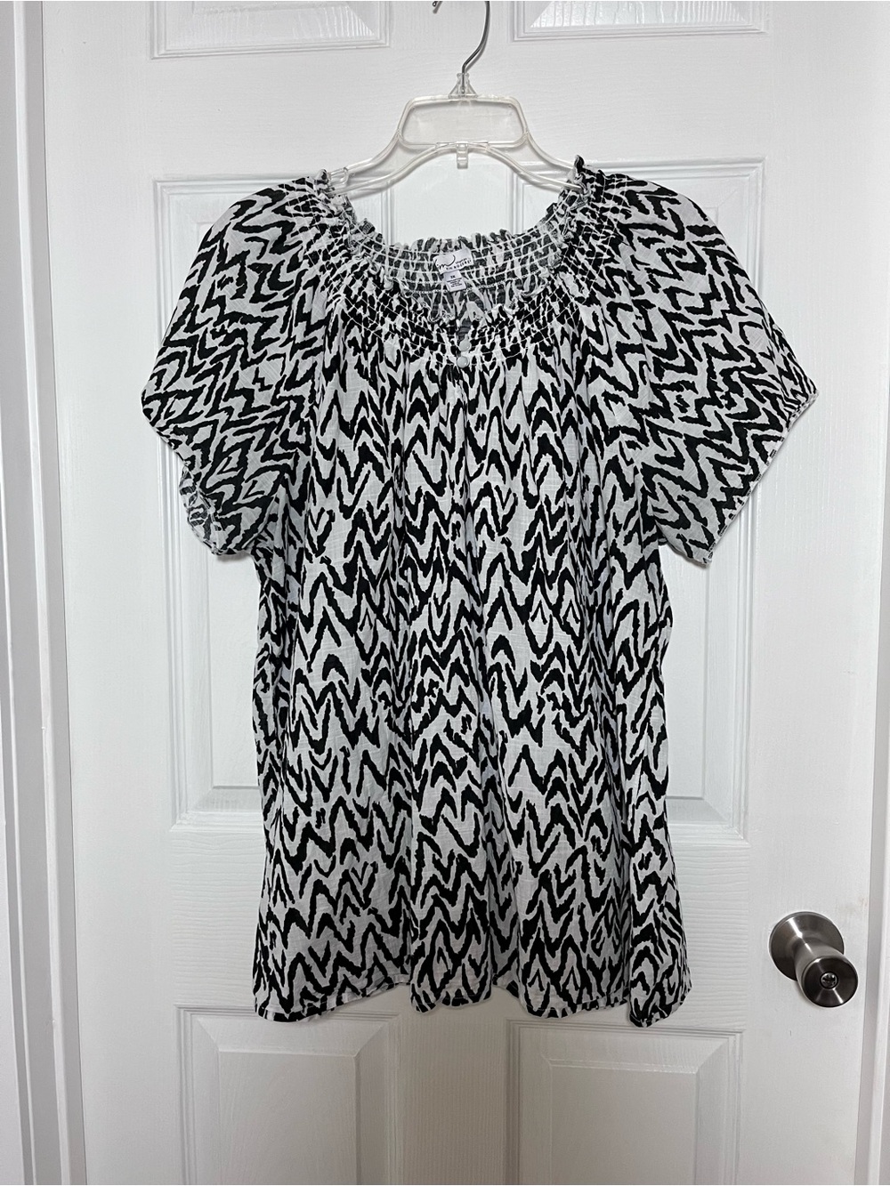 Kim Rogers 100% Cotton Black & White Smocked-Neck Patterned Blouse